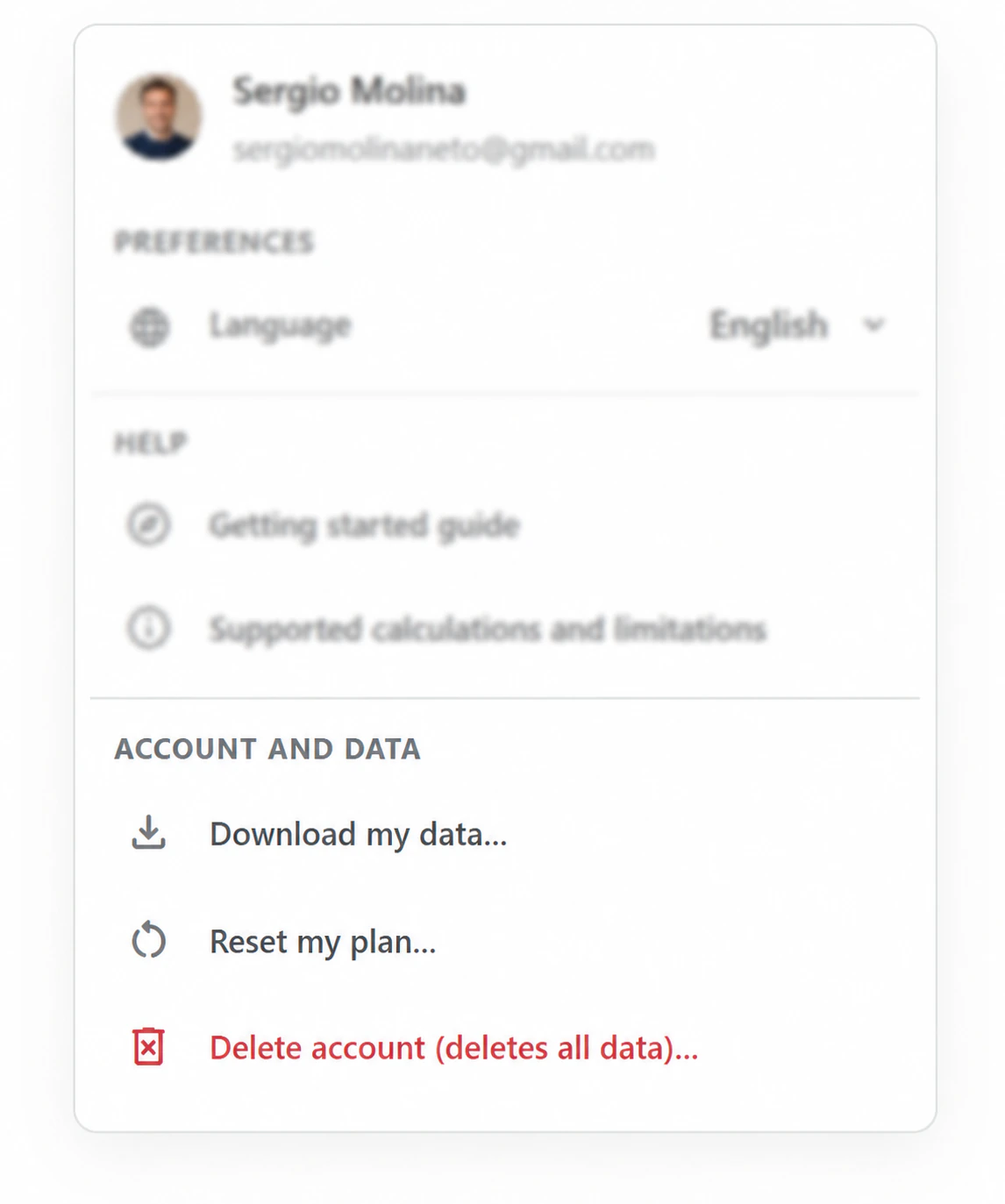 Account and data menu with controls to download your data, reset your plan, or permanently delete your account and all its data