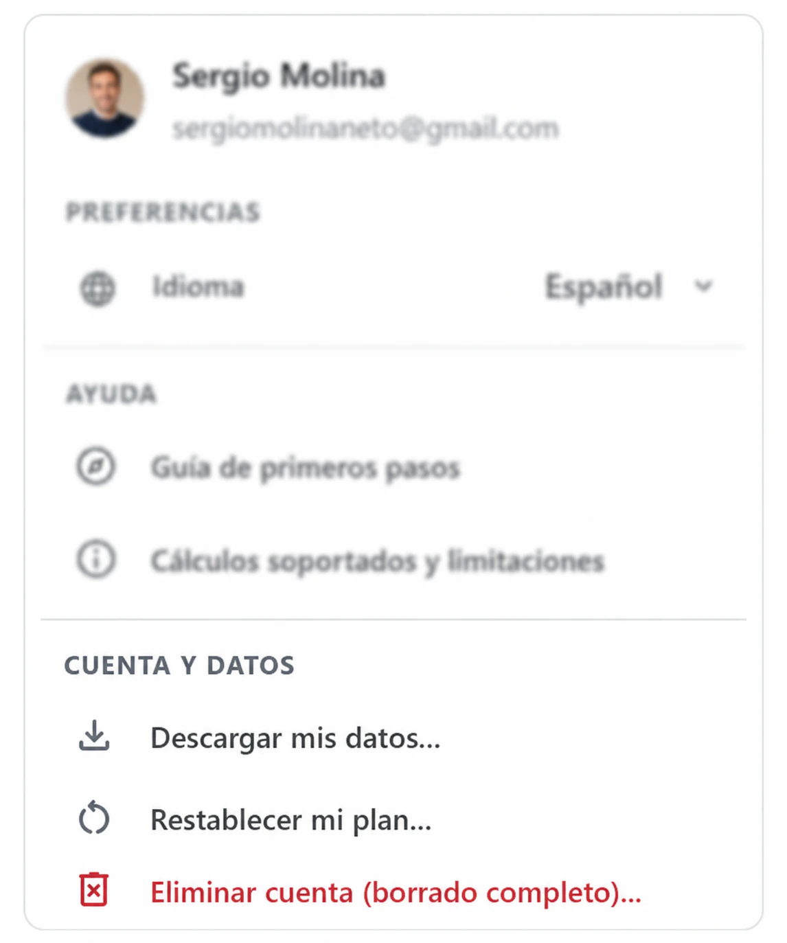 Menú de cuenta y datos con controles para descargar tus datos, restablecer tu plan o eliminar permanentemente tu cuenta y todos sus datos