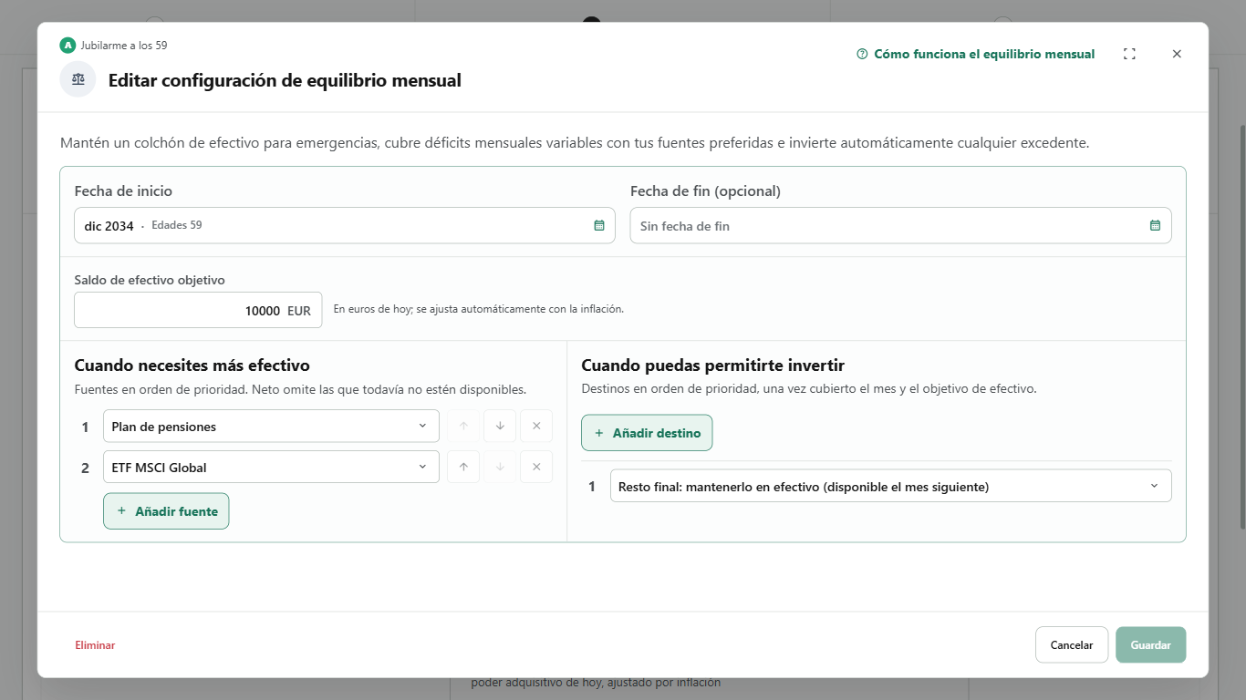Equilibrio mensual configurado para usar primero el plan de pensiones de Sergio y después su ETF