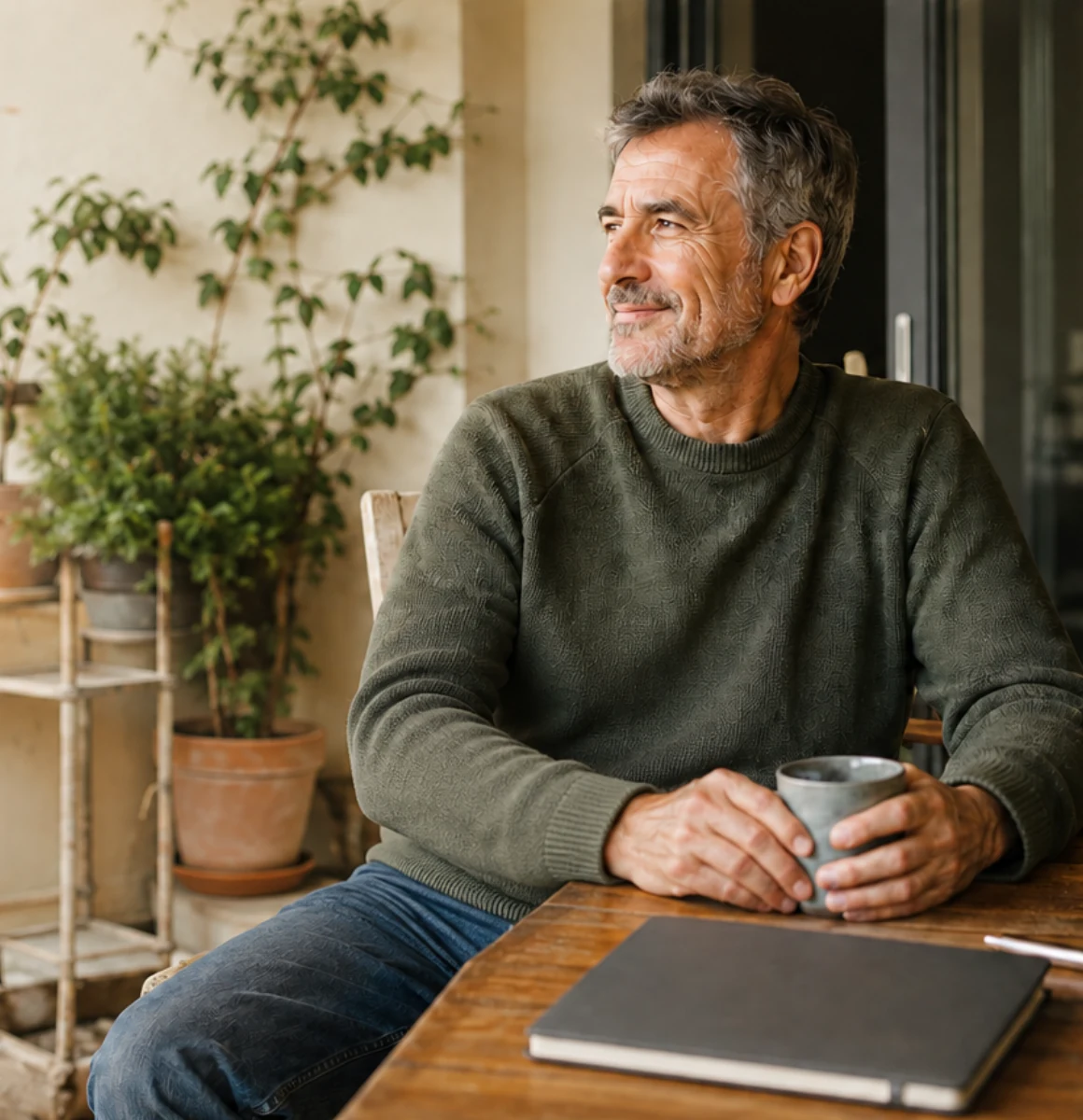 A man in his late fifties sitting calmly with a mug on a sunlit terrace